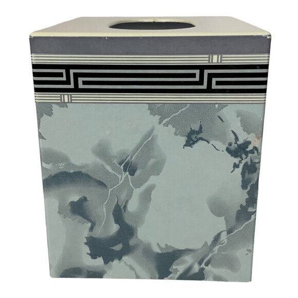 Vintage Geometric Plastic Tissue Box Cover Marbled Blue & Black with White Top - Picture 2 of 8